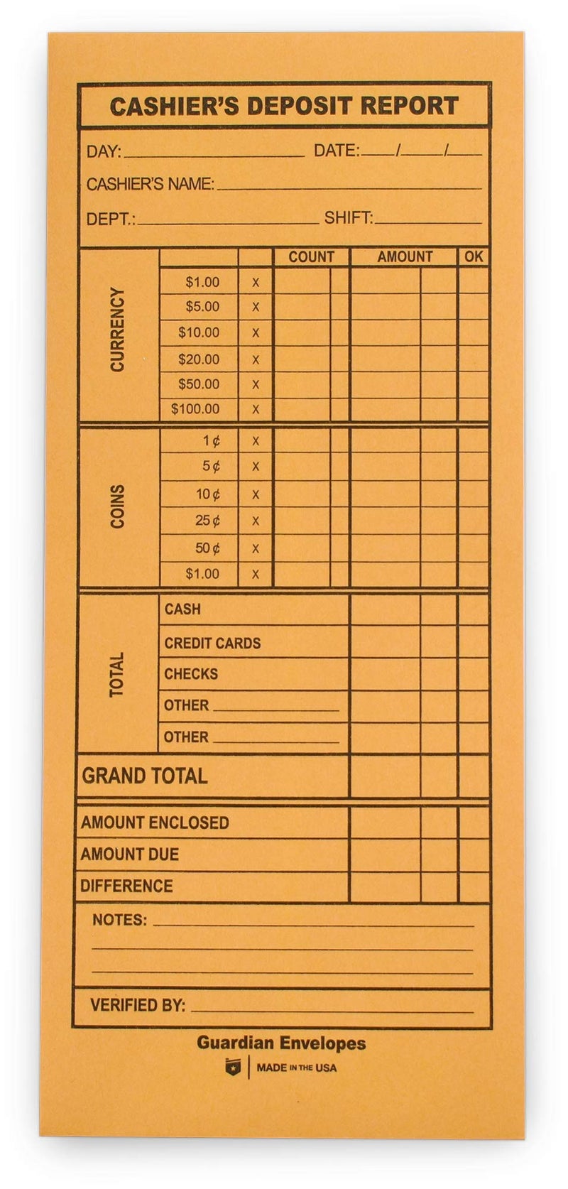 Guardian Cashier Deposit Report Envelopes with Gummed Flaps, Pack of 500 Cash Drop Envelopes - Cash Register for Small Businesses - Cashier Register for Retailers & Restaurants - Brown Kraft Envelopes - Image 1